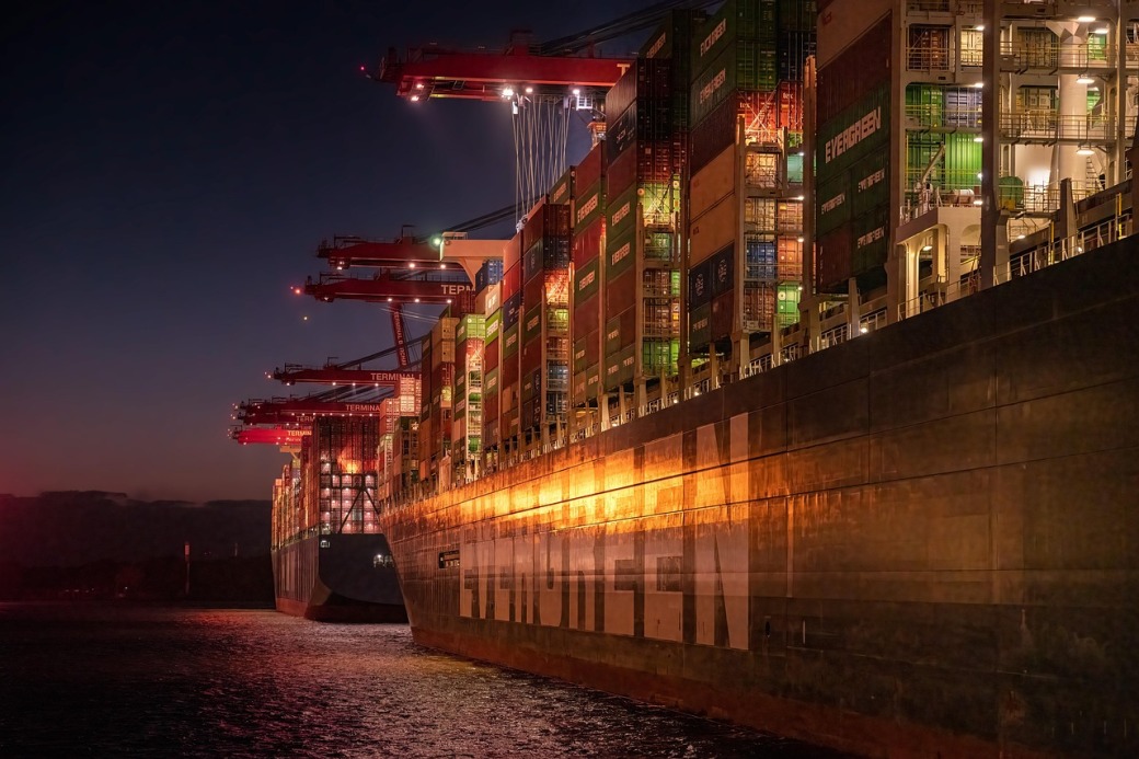 Global logistics port at night